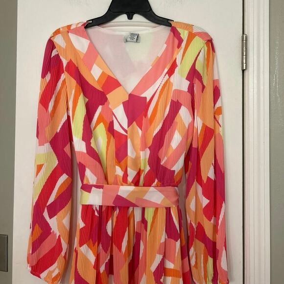 Nicole Miller New Pink Multi Color Pleated Mini Dress Summer Vibrant Party XL - Picture 5 of 16